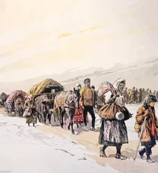 Głodujące tłumy opuszczające ojczyznę, ok. 1924 (kolorowa litografia)