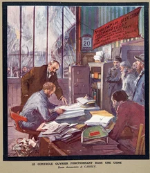Kontrola robotnicza działająca w sowieckiej fabryce w czasie rewolucji w 1917 r., z Histoire des Soviets, pub. 1922 (kolorowa litografia)