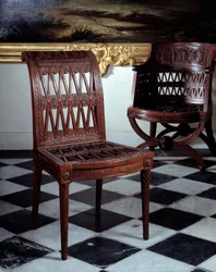Krzesło na zamówienie mleczarni Marii Antoniny. Rzeźbione mahoniowe meble autorstwa Georgesa Jacoba (1739-1814)