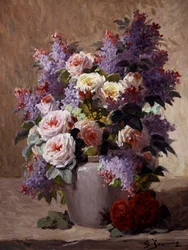Martwa natura z różami i bzem. Obraz autorstwa Georges Jeannin (1841-1925) Kolekcja prywatna.