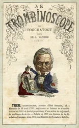 Adolphe THIERS (1797-1877) ilustracja z "Le Trombinoscope", satyrycznego czasopisma politycznego autorstwa Leona-Charlesa Bienvenu, znanego jako Touchatout (1835-1910) monografia nr 2, Paryż