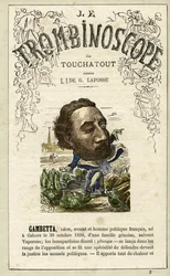 Leon GAMBETTA (1838-1882) ilustracja z "Le Trombinoscope", satyrycznego czasopisma politycznego autorstwa Leona-Charlesa Bienvenu, znanego jako Touchatout (1835-1910) monografia nr 3, Paryż