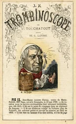 Papa PIe IX (nato Giovanni Maria Mastai Ferretti; 1792-1878) - ilustracja z "Le Trombinoscope", satyrycznego czasopisma politycznego autorstwa Leona-Charlesa Bienvenu, znanego jako Touchatout (1835-1910), monografia nr 9, Imprimerie Vallee, Paryż