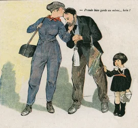 Zaopiekuj się dzieckiem... co? Ilustracja Georgesa Paula LEONNEC (1881-1940) w „”La Baionnette”” z 15 listopada