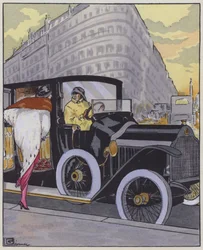 Moda damska z lat 1910 i samochód Lorraine-Dietrich. (kolor lito)