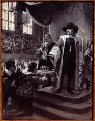 Olivier Cromwell (1599-1658) odrzucający koronę Lord Protektor Republiki Wielkiej Brytanii został zaproponowany przez Skromną Petycję i Avis (Nowy Parlament) w 1658 r. Grisaille na drewnie – Georges Antoine Rochegrosse (1859-1938) XIX wiek .