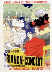 Koncert Trianon, codzienny pokaz w wielkim ogrodzie Elysee Montmartre (Elysee-Montmartre) w Paryżu. Plakat Georgesa Meuniera
