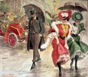 Piękny czas: młode kobiety „małych kłusowników” biegające w deszczu, jedna z nich uwodzicielsko patrzy na mężczyznę