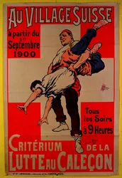 Plakat reklamujący zawody w zapasach w Swiss Village, 1900