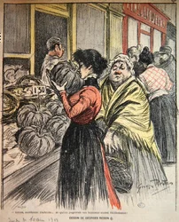 Dwie kobiety wybierające dynię na targu, koniec XIX wieku (kolor lito)