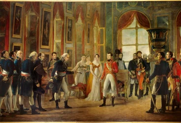 Napoleon I (1769-1821) przyjął w Saint-Cloud Senatu-Consulte, który 18.05.1804 ogłosił go cesarzem Francuzów (za cesarzową Józefiną stoi jego córka Hortense i jej szwagierka Marie-Annonciade, Caroline Bonaparte (1782-1839)). Je