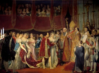 Ślub religijny Napoleona I (1769-1821) z arcyksiężną Marią Ludwiką Habsburg-Lorraine (1791-1847), 2.04.1810 w Salon carre du Louvre Obraz Georgesa Rougeta (1783-1869) XIX w. Ndz. 3,67x4,94m. - Ślub religijny Napoleona I (17