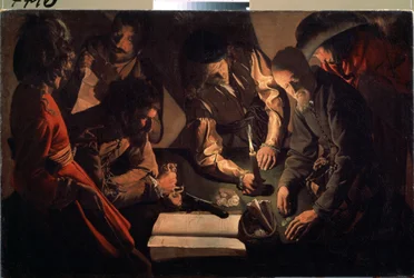 U pożyczkodawcy (Płatność). (U Lichwiarzy. Zapłata). Obraz Georgesa de La Toura (1583-1652), ok. 1640 r. Sztuka barokowa. Olej na płótnie. Państwowa Galeria Sztuki, Lwów