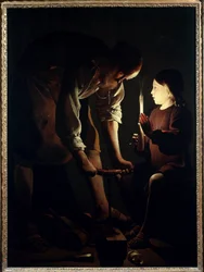 Święty Józef Stolarz Dzieciątko Jezus trzyma świecę, aby zapalić swojego ojca Józefa w pracy. Obraz Georgesa de La Toura (1593-1652) 1640 nd. 1,07 X 1,02 m Paryż. Muzeum w Luwrze
