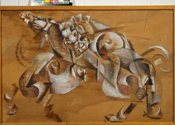 ""Lew atakujący konia"" (Lew atakujący konia) Obraz Georgi Yakulov (1884-1928) Olej na sklejce 1917-1918 Dim 99x149 cm Państwowa Galeria Tretiakowska, Moskwa