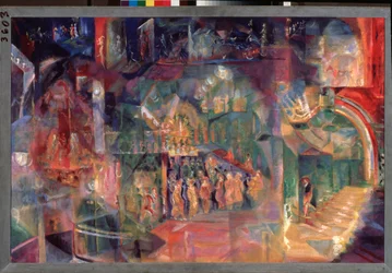 Un bar (A Bar) - Obraz Georgi Bogdanovich Yakulov (1884-1928), olej na płótnie, sztuka rosyjska, XX wiek, futuryzm - Państwowa Galeria Tretiakowska, Moskwa