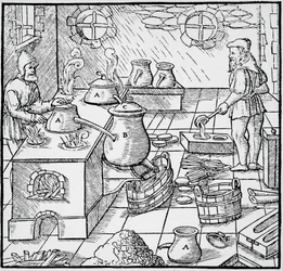 Rycina z De re metalica (O naturze metali) autorstwa Georga Pawera lub Georgiusa Agricoli (1494-1555), opublikowana w Bazylei