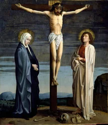Ukrzyżowanie. Na krzyżu napis „INRI” (I.N.R.I.). Obraz Gerarda Davida (1460-1523)