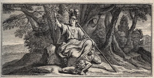 Minerva Slaming Discord - Minerva Terrassant la discorde - Grawerowanie autorstwa Gerarda Edelincka wg Daniela Halle (1614-1675)