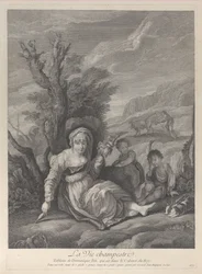 Wiejska kobieta siedząca w krajobrazie z dwoma chłopcami u boku, 1729-40.