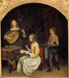 Koncert: wokalista i muzyk Luth Theorbe. Obraz Gerarda Ter Borcha (1617-1681), szkoła holenderska