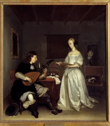 Duet; teorba śpiewaczka i lutnia. Obraz Gerarda Ter Borcha (1617-1681), holenderski
