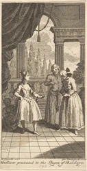 Guliwer przedstawiony królowej Babilary, Frontyspis do podróży pana ..., luty 1730.