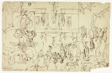 Kopie ilustracji posągów i obrazów (recto); Pomiary szkieletu mężczyzny (verso)