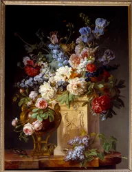 Kosz i wazon z kwiatami. Obraz Gerarda De Spaendoncka (1746-1822)