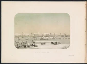 Lodowa rozrywka na Maas w Rotterdamie, widziana z Katendrechtu, 1855 Widziane miasto Katendrecht (tytuł na obiekcie) Zabawa na lodzie na Maas w Rotterdamie w lutym 1855, z podpisami (tytuł serialu na obiekcie)