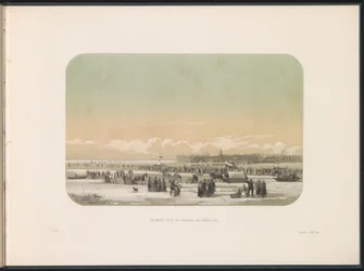 Lodowa rozrywka na Maas w Rotterdamie, w oddali fabryka w Feijenoord, 1855 Maas przed fabryką w Feijenoord (tytuł na obiekcie) Zabawa na lodzie na Maas w Rotterdamie w lutym 1855, z podpisami (tytuł serialu na obiekcie)