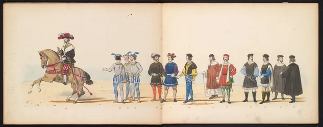 Maskarada uczniów Leiden, 1855 (tablica 11) Procesja w kostiumach zorganizowana przez członków korpusu studenckiego Leiden w dniu 12 czerwca 1855 roku z okazji 280. rocznicy Leidsche Hoogeschool, przedstawiająca wjazd Karola V do