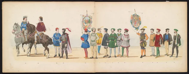 Maskarada uczniów Leiden, 1855 (tablica 13) Procesja w kostiumach zorganizowana przez członków korpusu studenckiego Leiden w dniu 12 czerwca 1855 roku z okazji 280. rocznicy Leidsche Hoogeschool, przedstawiająca wjazd Karola V do