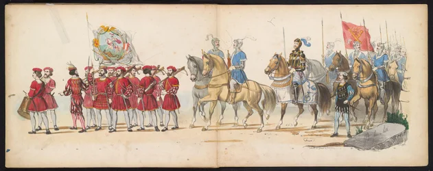 Maskarada uczniów Leiden, 1855 (tablica 14) Procesja w kostiumach zorganizowana przez członków korpusu studenckiego w Leiden 12 czerwca 1855 r. z okazji 280. rocznicy Leidsche Hoogeschool, przedstawiająca wjazd Karola V do
