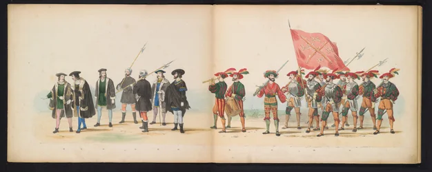 Maskarada uczniów Leiden, 1855 (tablica 3) Procesja w kostiumach zorganizowana przez członków korpusu studenckiego Leiden w dniu 12 czerwca 1855 r., z okazji 280. rocznicy Leidsche Hoogeschool, przedstawiająca wjazd Karola V do
