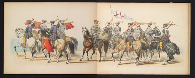 Maskarada studentów z Leiden, 1855 (tablica 6) Procesja w kostiumach zorganizowana przez członków korpusu studenckiego Leiden w dniu 12 czerwca 1855 r., z okazji 280. rocznicy Leidsche Hoogeschool, przedstawiająca wjazd Karola V do