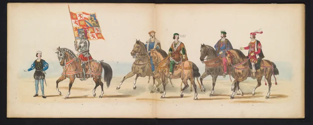 Maskarada studentów z Leiden, 1855 (tablica 7) Procesja w kostiumach zorganizowana przez członków korpusu studenckiego Leiden w dniu 12 czerwca 1855 r., z okazji 280. rocznicy Leidsche Hoogeschool, przedstawiająca wjazd Karola V do