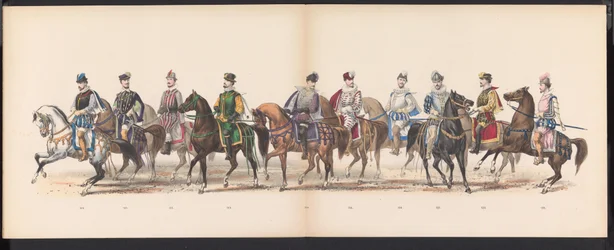 Maskarada uczniów Leiden, 1870 (tablica 10) Procesja w kostiumach zorganizowana przez członków korpusu studenckiego Leiden w dniu 7 czerwca 1870 r., z okazji 295. rocznicy Leidsche Hoogeschool, przedstawiająca wizytę w Lejdzie w