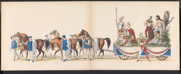 Maskarada studentów z Leiden, 1870 (tablica 15) Procesja w kostiumach zorganizowana przez członków korpusu studenckiego Leiden w dniu 7 czerwca 1870 r., z okazji 295. rocznicy Leidsche Hoogeschool, przedstawiająca wizytę w Lejdzie w