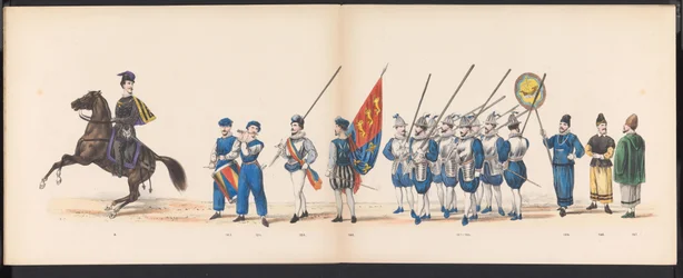 Maskarada uczniów Leiden, 1870 (tablica 16) Procesja w kostiumach zorganizowana przez członków korpusu studenckiego Leiden w dniu 7 czerwca 1870 r., z okazji 295. rocznicy Leidsche Hoogeschool, przedstawiająca wizytę w Lejdzie w