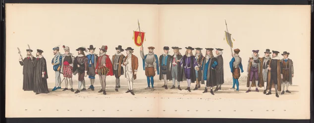 Maskarada studentów z Leiden, 1875 (tablica 8) Maskarada zorganizowana przez członków korpusu studenckiego Leiden 15 czerwca 1875 roku z okazji 300-lecia Leidsche Hoogeschool, przedstawiająca Leidsche Hoogeschool, przedstawioną na