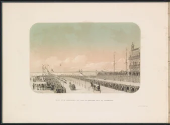 Wyścig powozów konnych na Maasie w Rotterdamie, 1855 r. Widok na wyścigi uprzęży z saniami konnymi i błazna, wzdłuż Willemskade (tytuł na obiekcie) Zabawa na lodzie na Maas w Rotterdamie w lutym 1855, z podpisami (tytuł serialu na obiekcie)