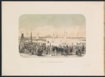 Konkurs na lodowe jachty żaglowe na Maasie w Rotterdamie, 1855 Widok na hardsailing party z bojerami (tytuł na obiekcie) Zabawa na lodzie na Maas w Rotterdamie w lutym 1855, z podpisami (tytuł serialu na obiekcie)