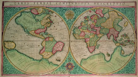 Mapa świata z „Atlas sive cosmographicae...” wydanej w 1595 r. (kolorowa rycina)