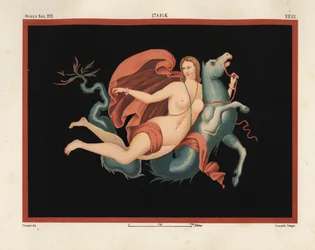 Nereida (nimfa morska) w płaszczu i bransoletkach jadąca na potworze morskim lub hipokampie, pół koniem, pół rybą. Muzeum Naza. XXII, Stabiae. Rysowane i chromolitografowane przez Victora Steegera z Emile Presuhn (1844-1878) Najpiękniejsze obrazy Pompejów,