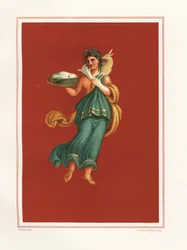 Alegoryczne malowidło ścienne Wiosna od strony zachodniej atrium Regio IX.V.11. Trzyma kosz sera i niesie baranka na ramionach. Chromolitografia J.G. Bacha według ilustracji Geremii Discanno z Emile Presuhn (1844-1878)