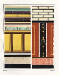 Malowidła ścienne z pomieszczeń Domu Fraszek. V, Ins. 1, nr 18. Po lewej stronie fresk z atrium, po prawej fresk z antykomory. Chromolitografia Victora Steegera na podstawie ilustracji Geremii Discanno z Emile Presuhn (1844