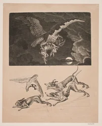 Panel z sową lecącą z zającem, poniżej; psy, zające i sokoły myśliwskie