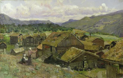 Norweska wioska z dwiema kobietami (olej na płótnie)