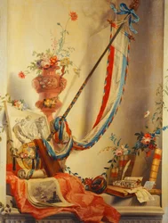 Sztandar, kwiaty w urnie, płaskorzeźba, globus, grafika, kompas, zestaw piśmienniczy, listy i Atlas Blaeu w niszy